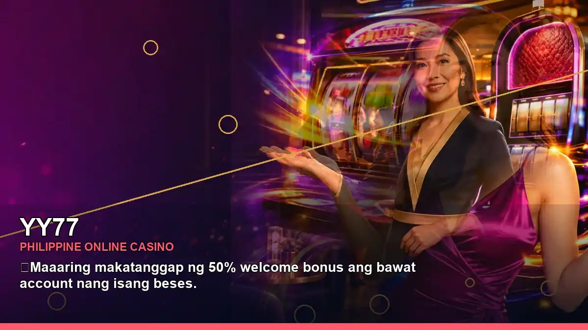 YY77 lounge VIP casino rewards featuring an adult Filipina casino host with a right-framed composition
