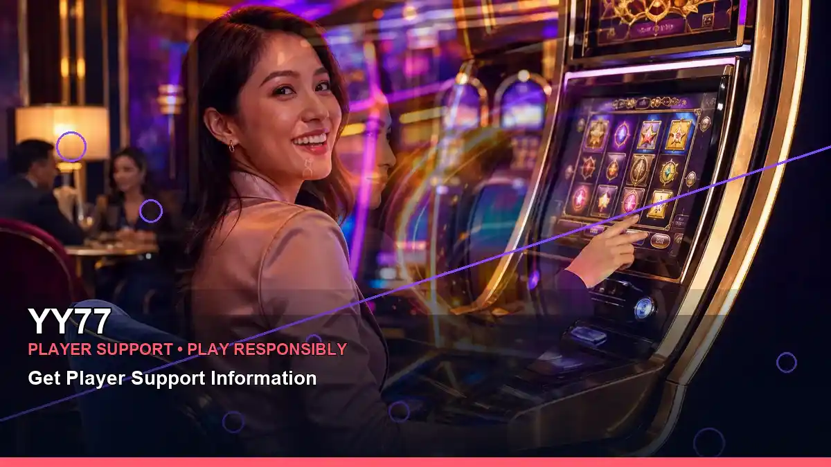 YY77 burst free spins slot games featuring an adult Filipina casino host with a layered collage composition